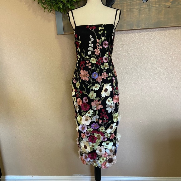 NWOT Lulus Thriving Energy Black 3D Floral Embroidered Lace-Up Midi Dress - Picture 2 of 9